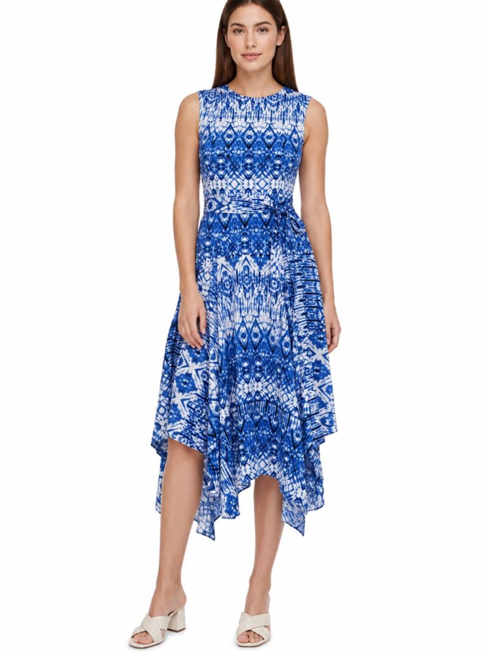 Calvin Klein Handkerchief Hem Dress Blue White Print, Size 10
